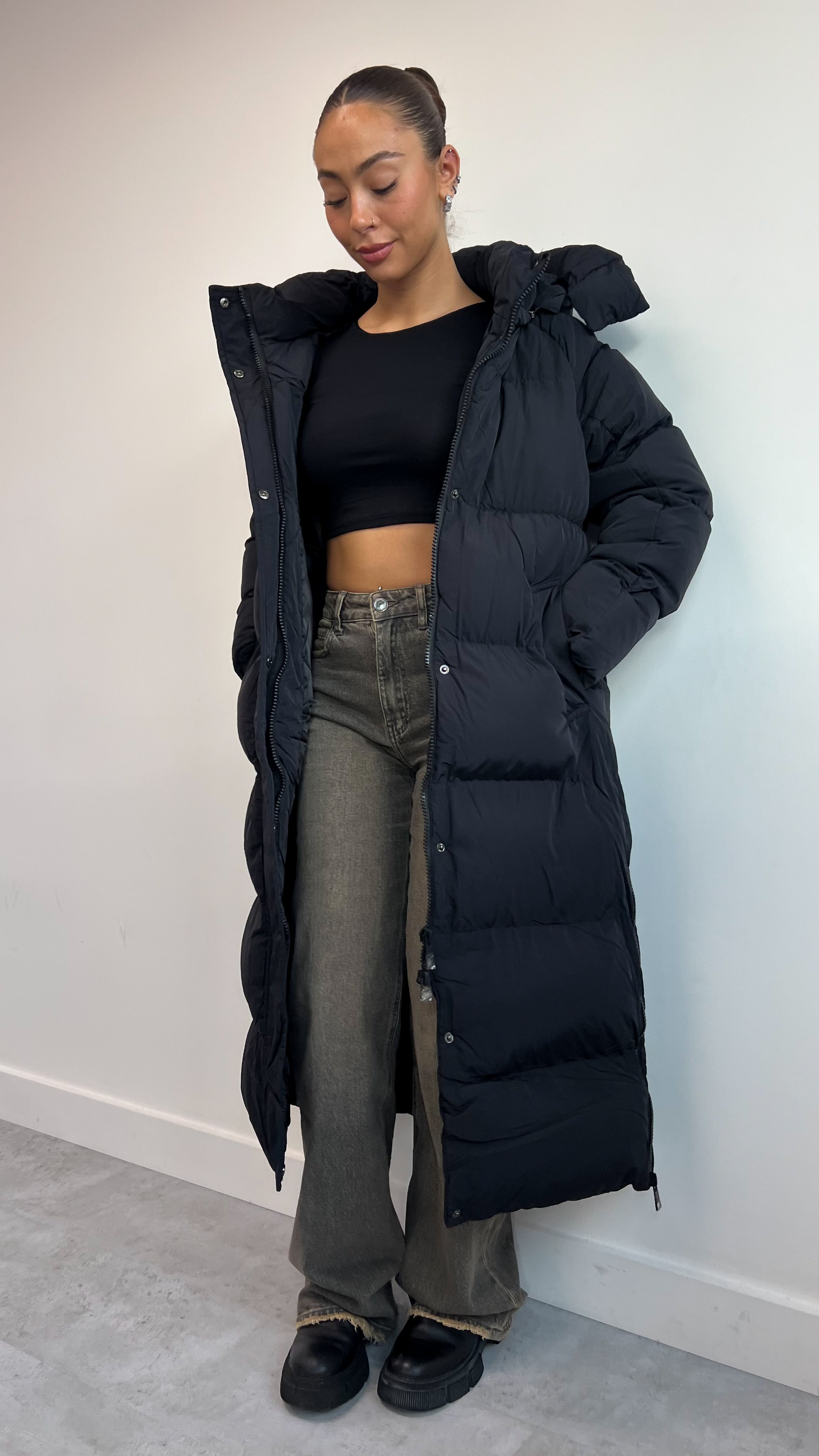 LONG ZIPPER PUFFER JACKET BLACK 7580